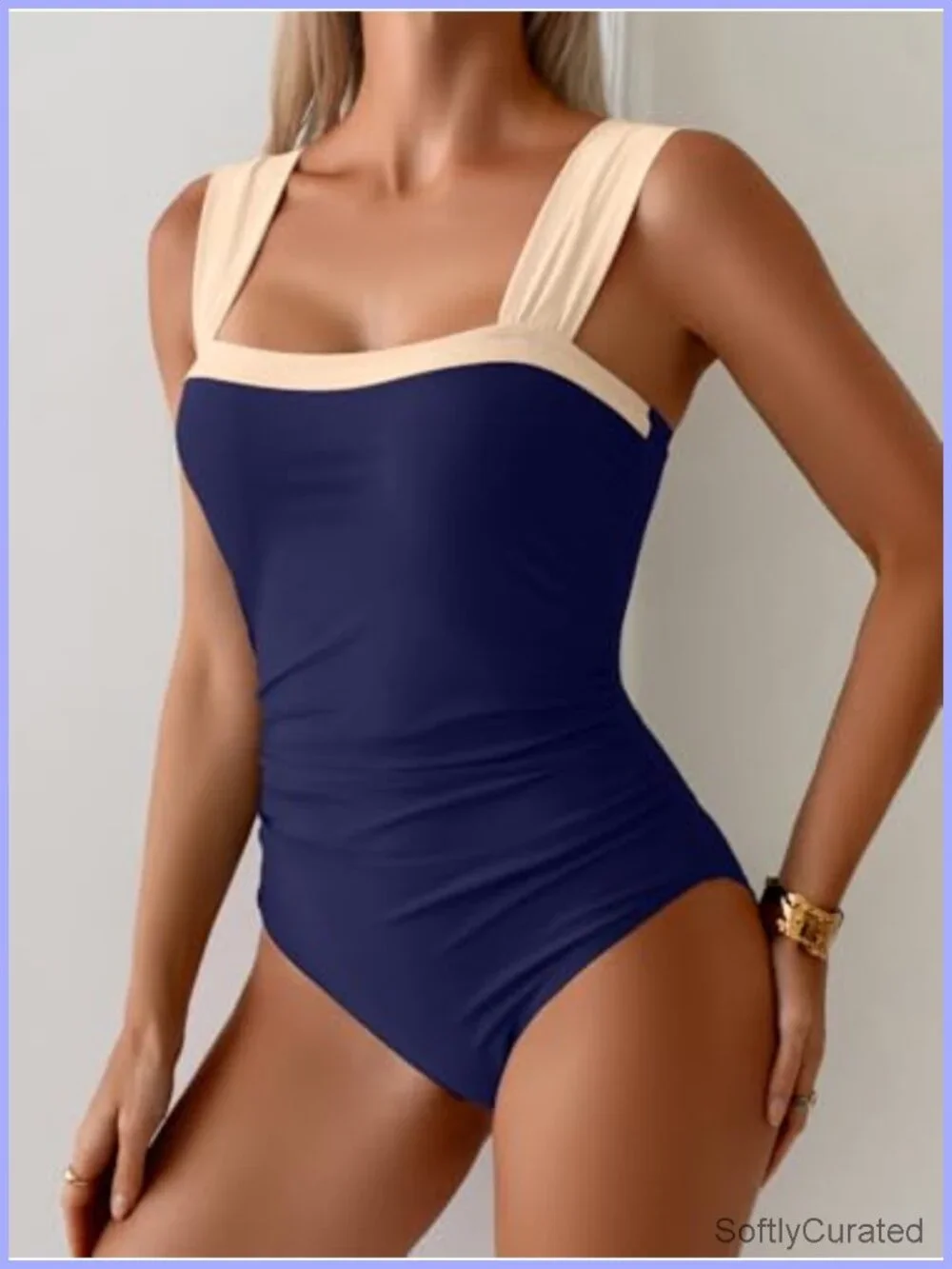 One Piece Swimsuit Tummy Control Ruched Color Block
